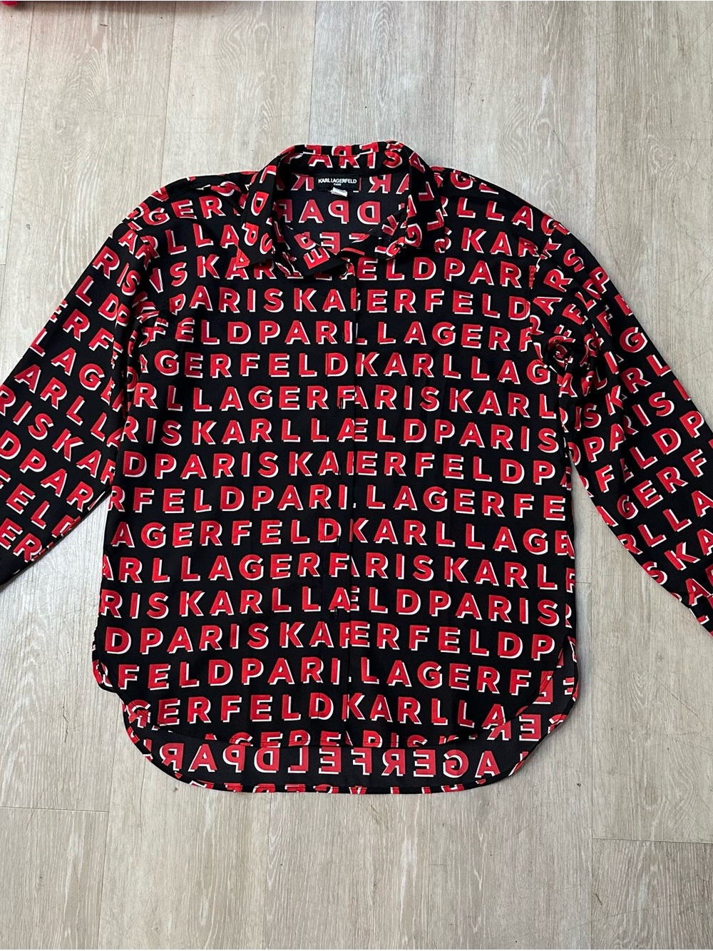Karl Lagerfeld Paris Women’s Typographical Long Sleeve Logo Blouse - Picture 2 of 3